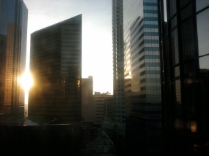 Sun shining through the city-scape of LA