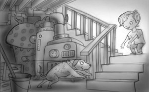 sketch for picture book, and app of boy and his dog in the basement. 