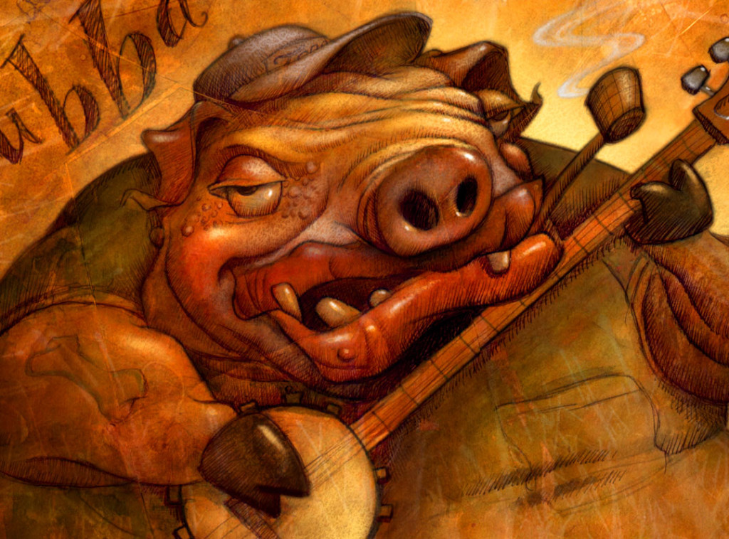 Illustration/Sketch by Will Terry, of an ugly fat pig, playing a banjo. 